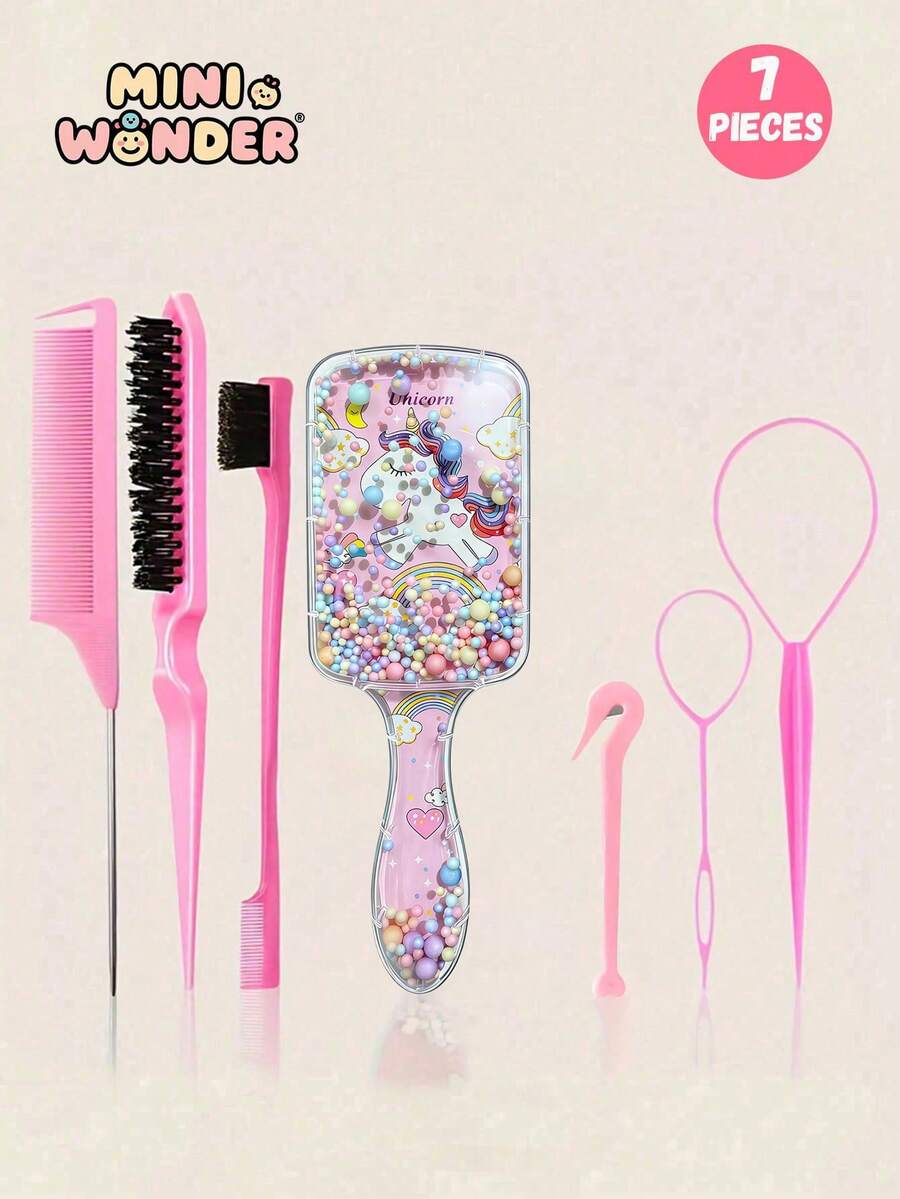 7pcs Kids Air Cushion Hair Comb Set, Cute Unicorn Cartoon Comb, Hair Styling Tools, Edge Comb, Hair Brush, Tail Comb, Styling Comb, Suitable For Girls To Create Smooth Hairstyles, Can Be Used For Hair Design And Cleaning - Multicolor - View 1