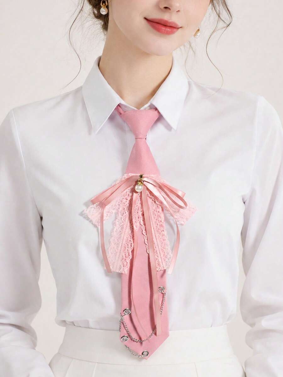 1pc Women Pink Lace Ribbon Pearl Chain Decor Slim Necktie Sweet Preppy Style Shirt Suit Accessory - Multicolor - View 1
