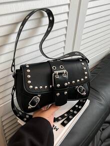 Y2K Fashion Retro Punk Style Rivet Small Square Bag Women's Shoulder Underarm Bag - Black - View 5