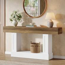 LITTLE TREE 160 Cm Rustic Wooden Console Table, 2-Tier, U-Shaped Base, Long Sofa Table For Behind Sofa, Hallway, Entryway, Living Room - White/brown - View 4