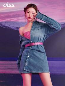 CHUU Single-Breasted Lapel Dress Women Autumn Asymmetrical Long Sleeve Chic Denim Mini Skirt - Blue - View 5