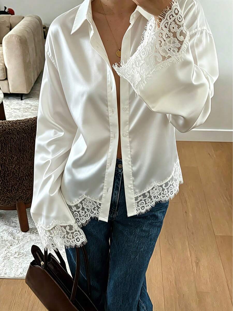 Women's Spring/Autumn Glossy Satin Lace Trim Turn-Down Collar Button-Up Flared Sleeve Asymmetrical Hem Waist Tie Long Sleeve Blouse - White - View 1
