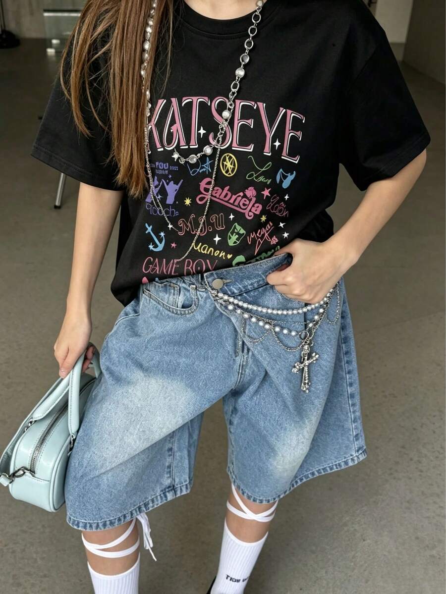 Tween女孩 1件印花套頭短袖T恤,學生幼童服飾,夏季上衣 - 黑色 - 查看 1