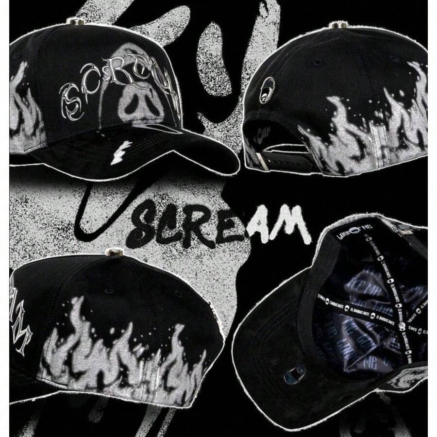 Gorra SCREAM con Bordado Gótico, Estilo Streetwear Americano Hip Hop Punk Dark, Gorra de Béisbol Tipo Dad Hat Unisex Ajustable - Albaricoque - Ver 1