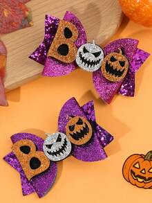 2pcs Halloween Purple Glitter Hair Bow Clips-Cartoon Pumpkin Decor Bows Hair Accessories For Halloween Parties,Costume Nights - Multicolor - View 5