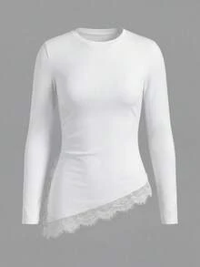 Women's Lace Patchwork Pleated Fitted Versatile Casual Daily Top - White - View 7