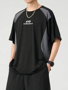 Plus Size Sports T-Shirt, Quick-Dry Fabric Fashionable Casual Round Neck Short Sleeve T-Shirt, Suitable For All Seasons - Black - View 4