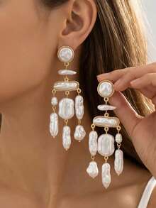 1 Pair Baroque Pearl Long Tassel Earrings, Daily Wear, Beach Accessory, Date Party Jewelry - White - View 1
