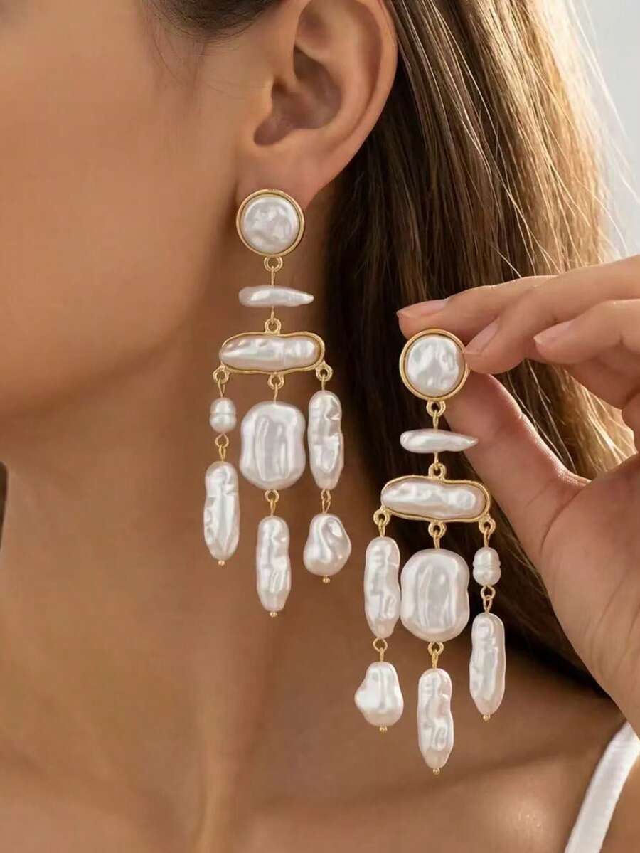 1 Pair Baroque Pearl Long Tassel Earrings, Daily Wear, Beach Accessory, Date Party Jewelry - White - View 1