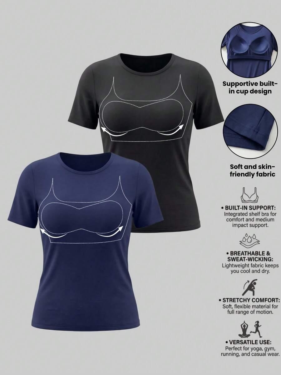 2pcs Plus Size Women Built-In Bra Short Sleeve T-Shirt, Wireless Padded Gym Running Yoga Workout Athletic Activewear Top Fall - Multicolor - View 1