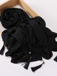 Oversized 200cm*85cm Heavy-Duty Luxurious Rhinestone Modest Pleated Plaid Tassel Pearl Pendant Daily Wear Breathable Solid Color Muslim Hijabs - Multicolor - View 8