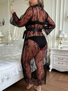 Women's Morning Robe With Belt, See-Through Sexy Lace Hollow Out Morning Robe, Seductive Sheer Nightwear, Daily Wear, Valentine's Day, Sexy Lingerie - Black - View 2