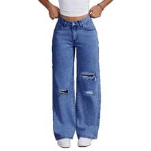Women High Waist Single Ripped Wide Leg Jeans, Light Wash Loose Floor Length Denim Pants, Y2K Street Casual Long Trouse - Light Blue - View 5
