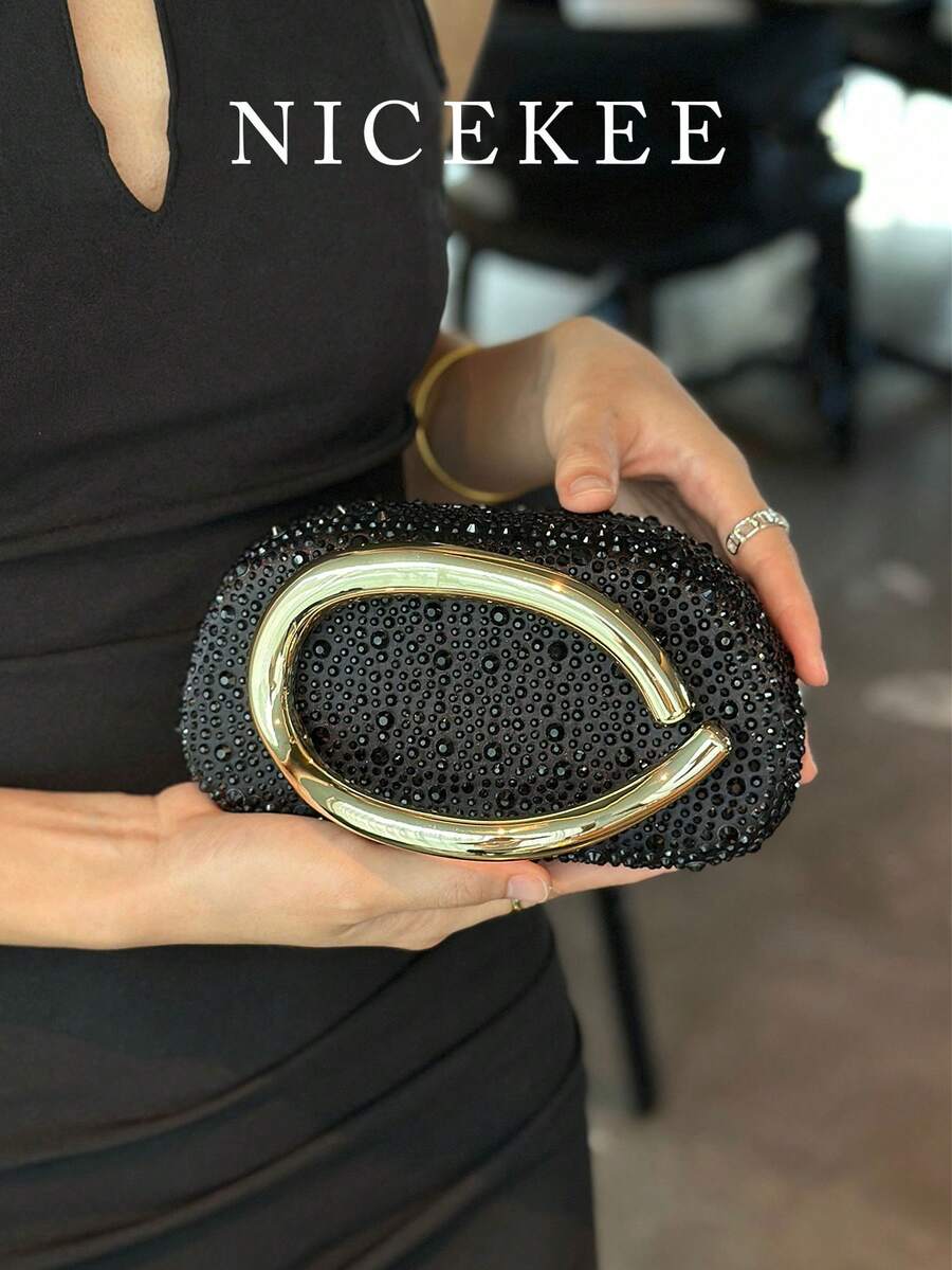 Elegante e alla moda borsa a mano in finta pelle, borsa a spalla minimalista vintage di colore unito, adatta per abbinare con abiti per feste e matrimoni - nero - Visualizzare 1