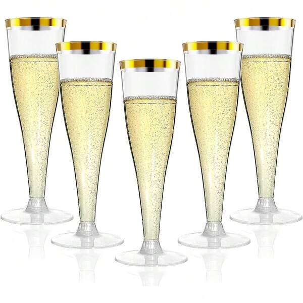100/50/25/8/1pc Transparent Gold Rim Champagne Glasses, Wine Glasses, Cocktail Glasses, Wedding Toasting Cups, Suitable For Festivals, Parties, Weddings, Birthdays, Back To School, Gift Exchanges, Class Reunions, Team Building, Halloween, Christmas, Holiday Events, Camping, Picnic, Reusable, High-End Cups, Juice Cups, Coffee Cups
