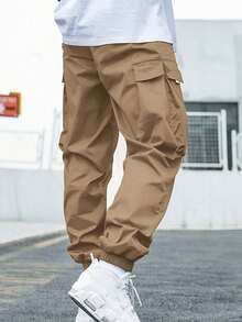 1pc Tween Boys Loose Drawstring Solid Color Cargo Pants, Suitable For Commuting, School, Casual, Travel - Khaki - View 2
