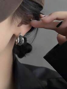 1 Pair Fashionable Personalized Cubic Zirconia Geometric Hoop Earrings Suitable For Women's Daily Wear And Gatherings - Silver+Black - View 4