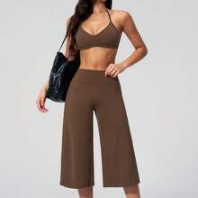 Women's 2 Pieces Set, Tank Top With Short Wide Leg Pants, Suitable For Vacation, Date, Daily Wear. Sports Set - Chocolate Brown - View 2