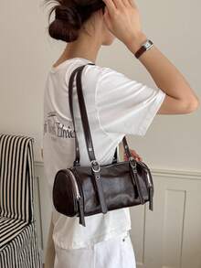 Vintage Faux Leather Cylinder Underarm Bag With Adjustable Shoulder Strap, Niche American Style Commuter Shoulder Bag - Coffee - View 5