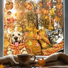 4pcs Autumn Static Window Clings, Featuring Golden Retriever, Cat, Pumpkin, Maple Leaf, Mushroom Patterns, Reusable, Thanksgiving Harvest Glass Stickers, Suitable For Entryway Doors, Windows, Home Decor - Multicolor - View 6