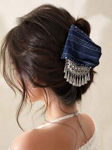 1pc Women's Sweet Elegant Navy Blue Printed Silver Ornament Tassel Hair Claw Clip, Bohemian Exotic Travel Daily Vintage Atmosphere Headpiece - Multicolor - View 5