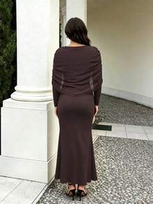 Autumn/Winter Fashion Elegant Wrap Cape Design Boat Neck Slim Fit Knit Long Sleeve Patchwork Chiffon Same Color Design Long Dress - Brown - View 6