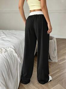 Women's Colorblock Waist Design Elastic Band Pocket Loose Jogger Pants Black - Black - View 2