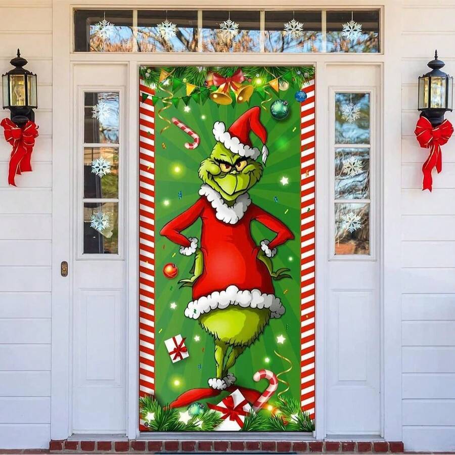 The Grinch Green Christmas Door Cover Welcome Birthday Party Decorations Winter Holiday Front Porch Banner For Indoor Outdoor Home Decor - Multicolor - View 1