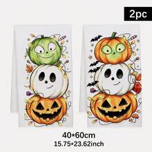 2PCS Halloween Pumpkin Funny Expression Pattern Printed 40*60cm Cartoon Style Rectangular Microfiber Kitchen Towels, Dish Cloths, Hand Towels, Kitchen Decor, Halloween Home Decor, Housewarming Gift For Neighbors, Perfect For Kitchen And Bathroom Use, Suitable For Housewives And Family Gatherings, High Cost-Performance, Essential Home Item - Multicolor - View 2