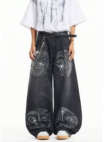Justice Brother 1pc Hong Kong Style Street Fashion Personalized Rhinestone Men's Denim Jeans, Fashionable All-Season Loose Wide Leg Long Pants (Belt/Accessories Not Included) - Black - View 7