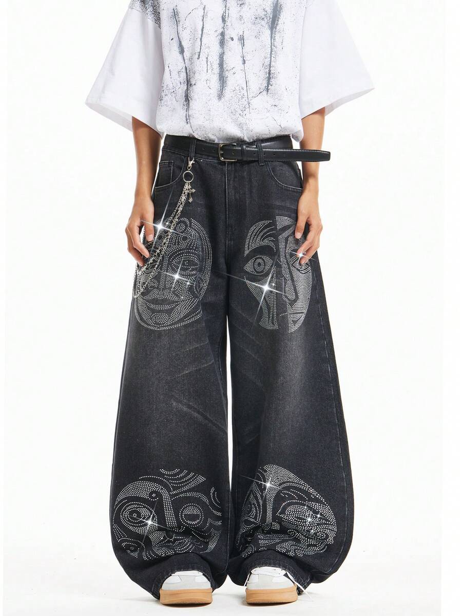 Justice Brother 1 buah Celana Jeans Denim Pria Gaya Jalanan Hong Kong dengan Hiasan Berlian Imitasi, Potongan Longgar dan Lebar, Cocok untuk Semua Musim (Sabuk/Aksesoris Tidak Termasuk) - Hitam - View 1