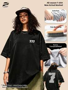 230g gewaschenes, doppelseitig bedrucktes Kurzarm-Shirt, Rundhals, lockerer Schnitt, lässiges T-Shirt, weiches, leichtes, vielseitiges Basic-Top für den Alltag - Schwarz - Übersicht 4