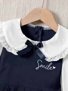 Galaxy Graffiti 4-7 Years Old Girls Dress, Spring/Autumn New Peter Pan Collar Bow Letter Embroidery Long Sleeve Dress, Campus Daily Wear/ - Navy Blue - View 6