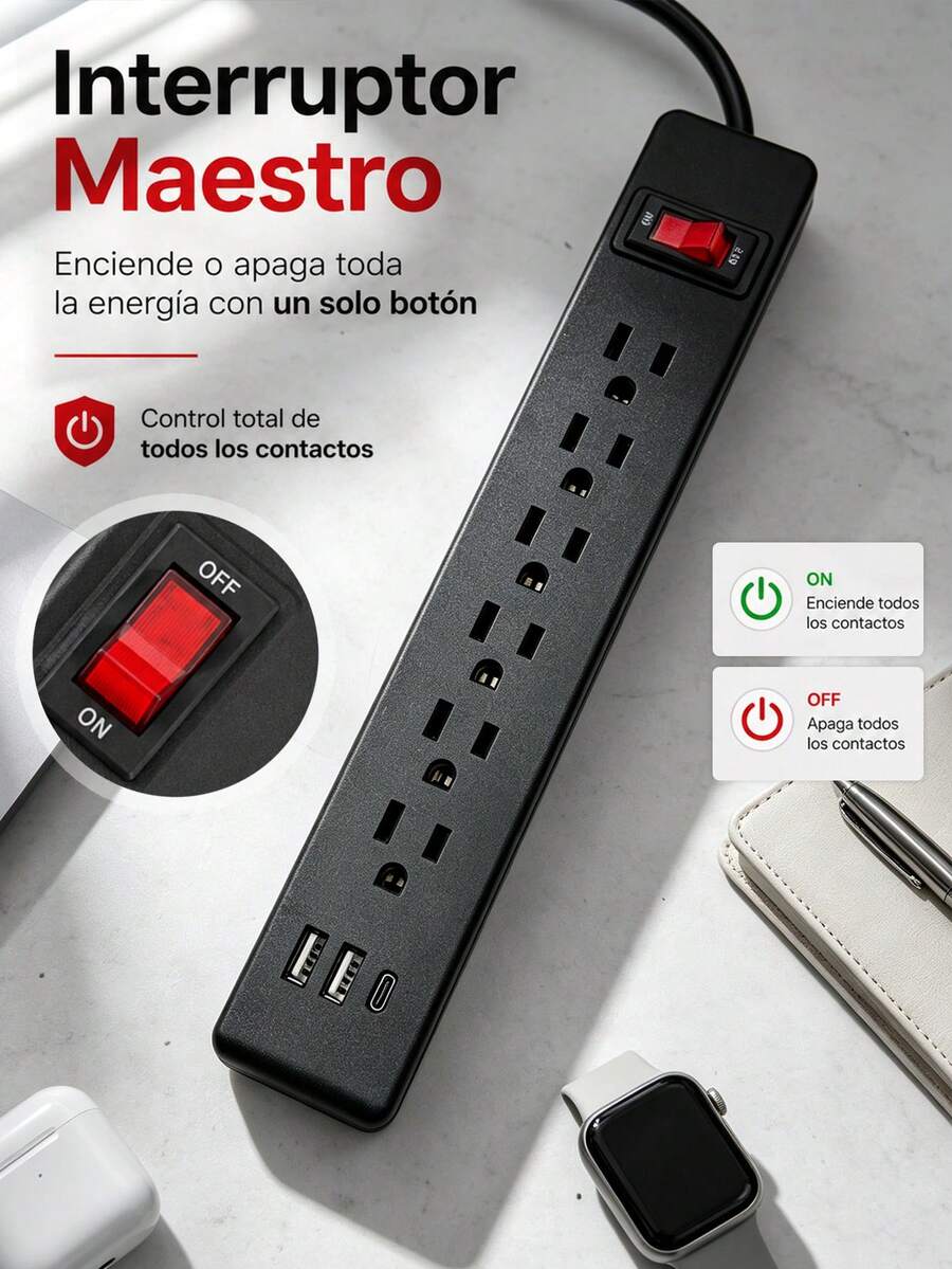 6-Outlet Power Strip With Switch, 0.3m Extension Cord With 6 Outlets - View 1