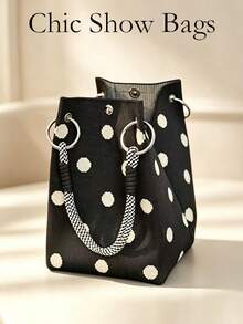 Polka Dot Pattern Canvas Bucket Bag, Woven Handle Handbag, Soft Textured Fabric With Neat Stitching, Spacious Interior For Daily Essentials, Perfect For Commuting, Weekend Shopping And Casual Outings, Ideal For Students, Office Women And Casual Wear Enthusiasts, Fashionable And Practical Daily Accessory (No Tag Included) - Black - View 3