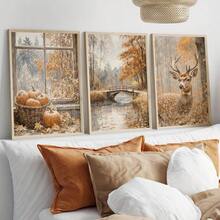 3Pcs Vintage Autumn Forest Canvas Wall Art, Spotted Deer Pumpkin Basket Wooden Bridge Lake Fall Oil Painting Prints, Rustic Farmhouse Decor For Living Room, Bedroom, Kitchen, Fall Nature Home Decoration, Halloween Decor, Posters & Prints, Frameless - 841 - View 1