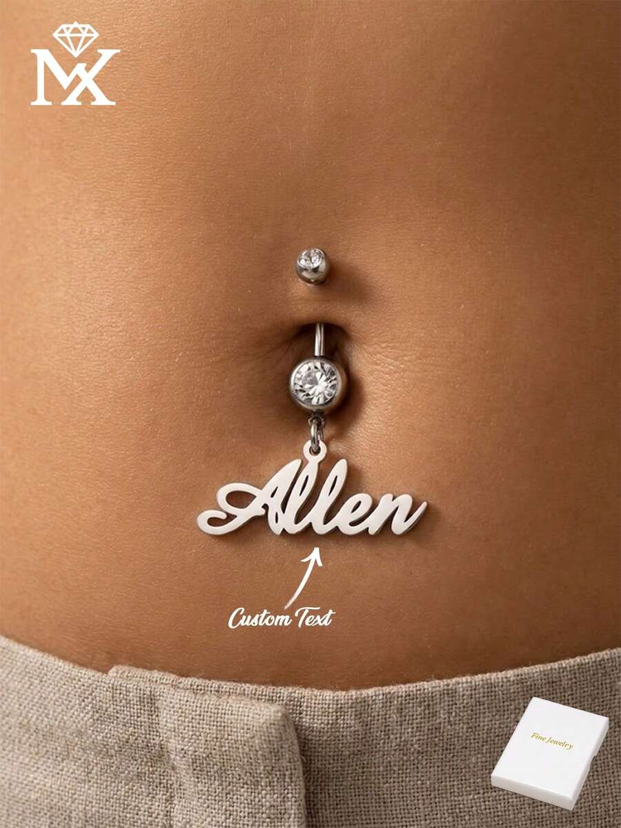 Ce piercing de nombril à la mode en zircone cubique peut être personnalisé avec un nom en anglais, élégant et sexy, un beau cadeau de bijou pour les anniversaires et les fêtes des amis. Fabriqué en acier inoxydable, classique et intemporel. - Argent - Voir 1