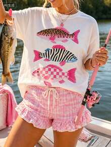 Women's Loose Fit"Leopard Zebra Pattern Fish"Printing T Shirt,Bohemian Lakeside Fishing Summer Aesthetics,Autumn Outfits,Suitable For Concerts,Vacatio - 白色 - 查看 2