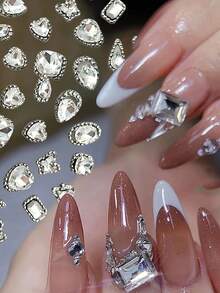 12 pièces Mélange de cadres argentés de luxe avec diamants transparents, strass pour nail art, ovale/carré gras/cœur/papillon, décoration de cristal pour ongles, gemme pour ongles DIY 10mm - Transparent - Voir 4