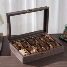 1pc Wood Grain Leather Watch Storage Box With Glass Window, Watch Collection Box, Bracelet Watch Display Case - Coffee Brown - View 3