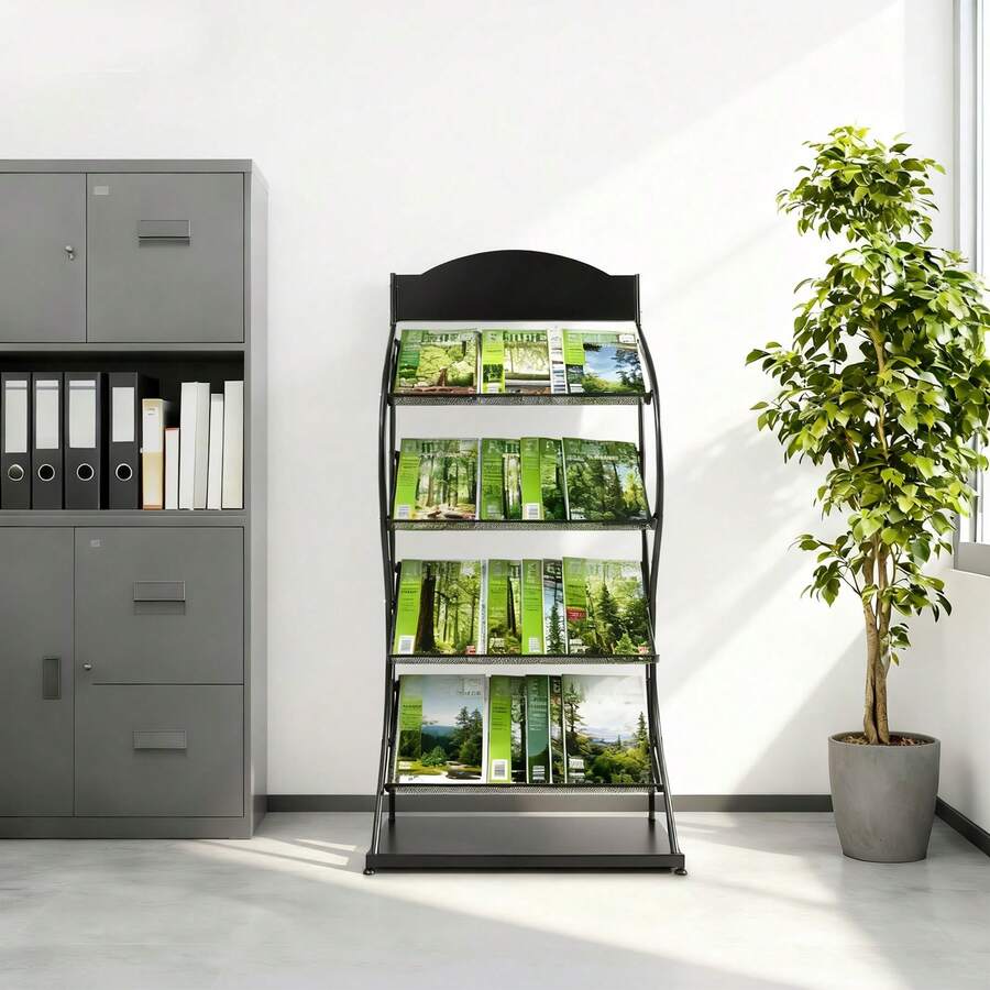 4 Layers Black Newspaper Magazine Display Rack Manual Book Rack Floor-Standing Storage Rack NEW - Default - View 1
