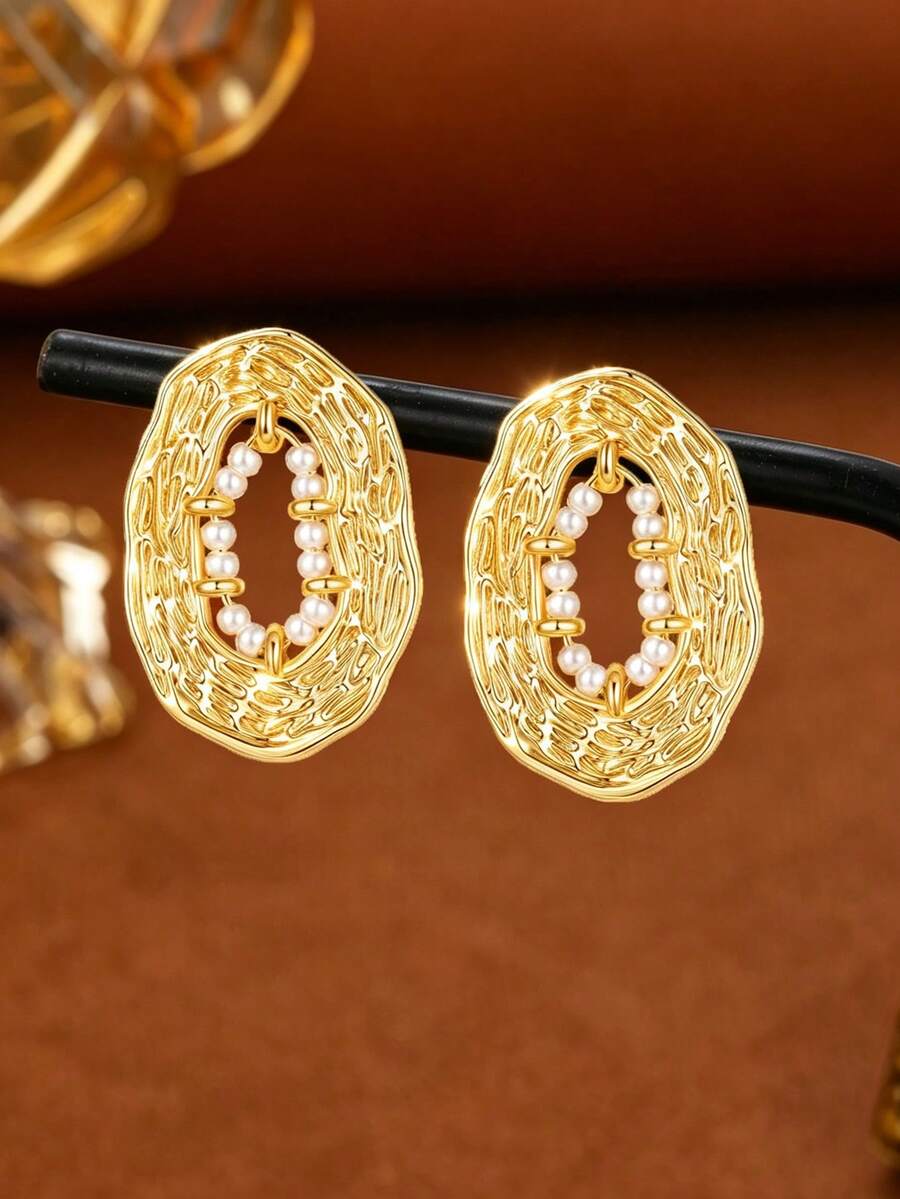 1pair Elegant Oval Dangling Earrings For Women,Vintage Geometric Round Dangle Earring Inlaid Glass Pearl Statement Jewelry Costume Accessories - Pearl Oval Earrings - View 1
