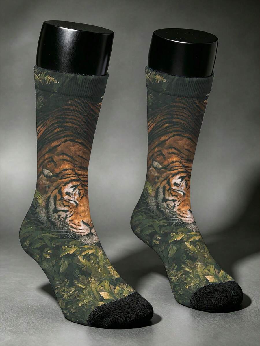 1 Pair Vintage Forest Jungle Tiger & Green Plant Illustration All-Over Print Mid-Calf Socks, Unisex Couple Socks For Travel, Black Reinforced Wear-Resistant Toe, Breathable Skin-Friendly High Elastic, Suitable For Denim Shorts, Cargo Pants, Dress Pants, Loafers, Slippers, Casual Commute Campus Student Socks, Beach Vacation Outfit, Outdoor Outing, Summer Party Gift, Random Print Position - Multicolor - View 1