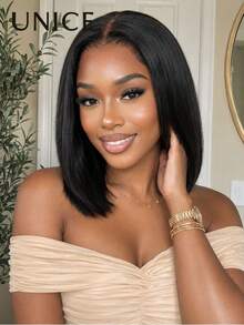 UNice 7x5 Bye Bye Knots Lace Front Wig Pre Cut Pre Plucked Bleached Knots Bob Wig Straight Hair With Drawstring Fit All Head Size Put On And Go Glueless Wig 150% Density Natural Black Color For Women Beginner Friendly - Natural Black - View 2