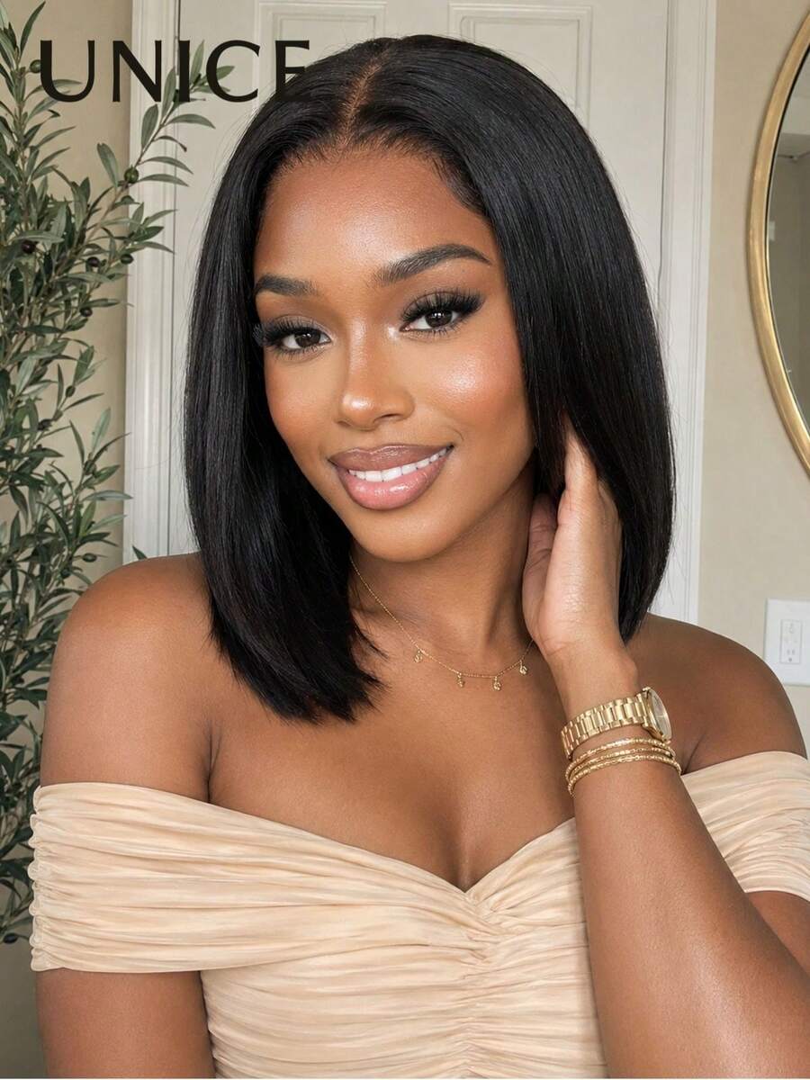 UNice 7x5 Bye Bye Knots Lace Front Wig Pre Cut Pre Plucked Bleached Knots Bob Wig Straight Hair With Drawstring Fit All Head Size Put On And Go Glueless Wig 150% Density Natural Black Color For Women Beginner Friendly