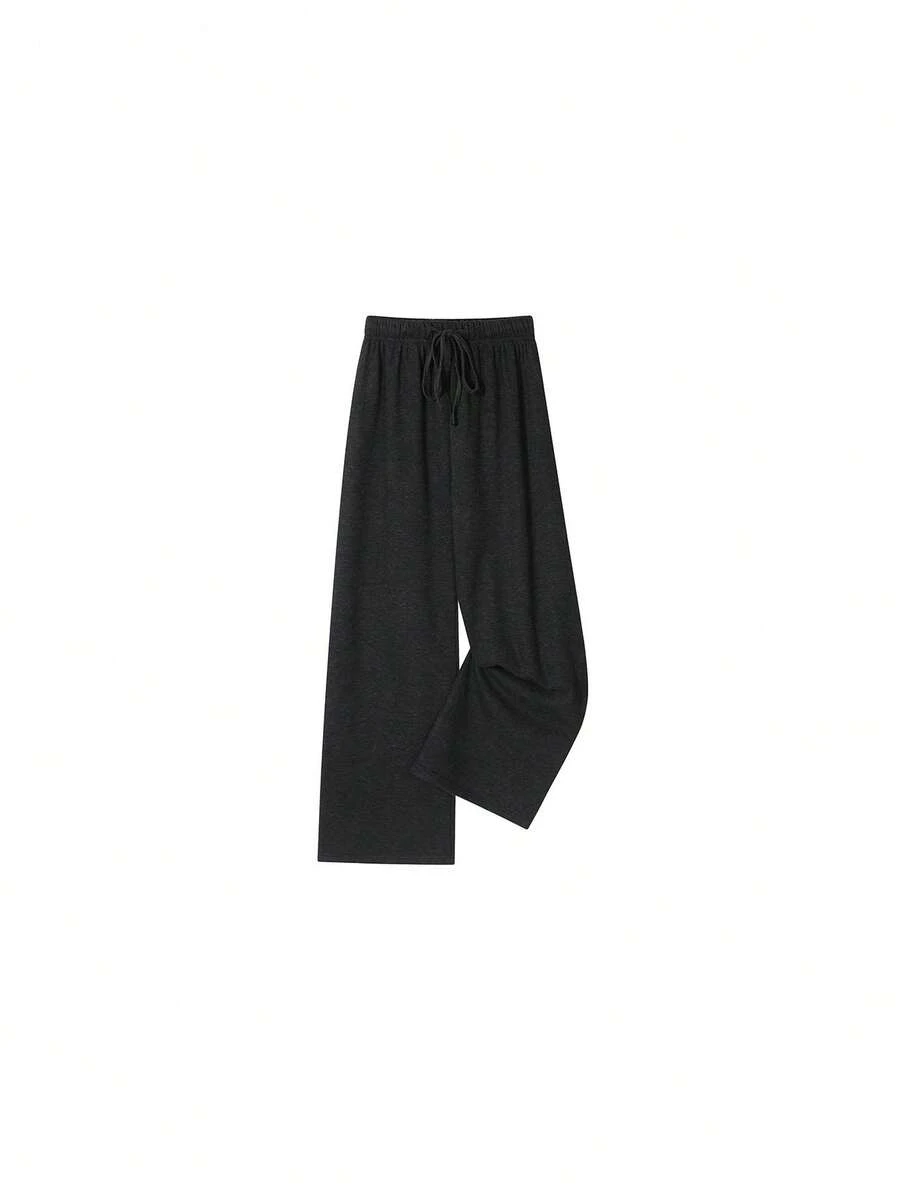 Minimalist Casual Versatile Loose Straight Leg Draped High Waist Wide Leg Pants With Drawstring Long Pants For College Office Daily Home Wear Autumn Winter - Dark Grey - View 1