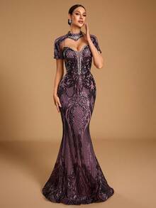 GIFORU Women's Elegant Romantic Deep V-Neck Rhinestone Mermaid Cocktail Dress, Sequin Decorated Party Long Gown, Unique Fashion Wedding Fall - Lilac Purple - View 3