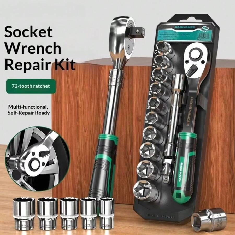 1/4 1/2 3/8 72-Tooth Ratchet Wrench Set, Chrome Vanadium Steel Curved Handle Design, Suitable For Mechanical Repair, Automotive And Home Applications - S 1-4 13pcs Set - View 1