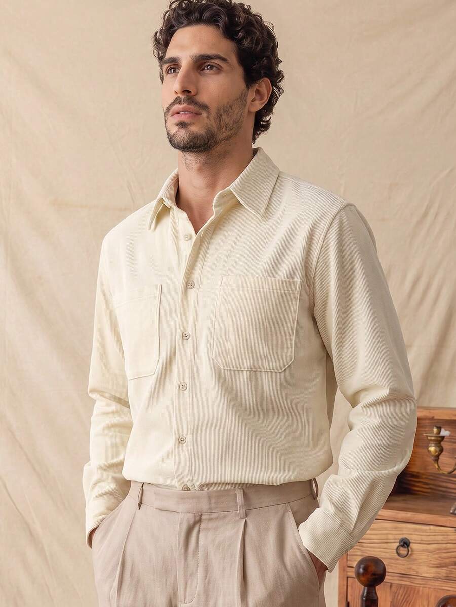 glestore Men's Retro-Style Solid-Color Long-Sleeve Corduroy Casual Shirt: Suitable For All Four Seasons-Perfect For Work, Leisure, And Vacations - Beige - View 1