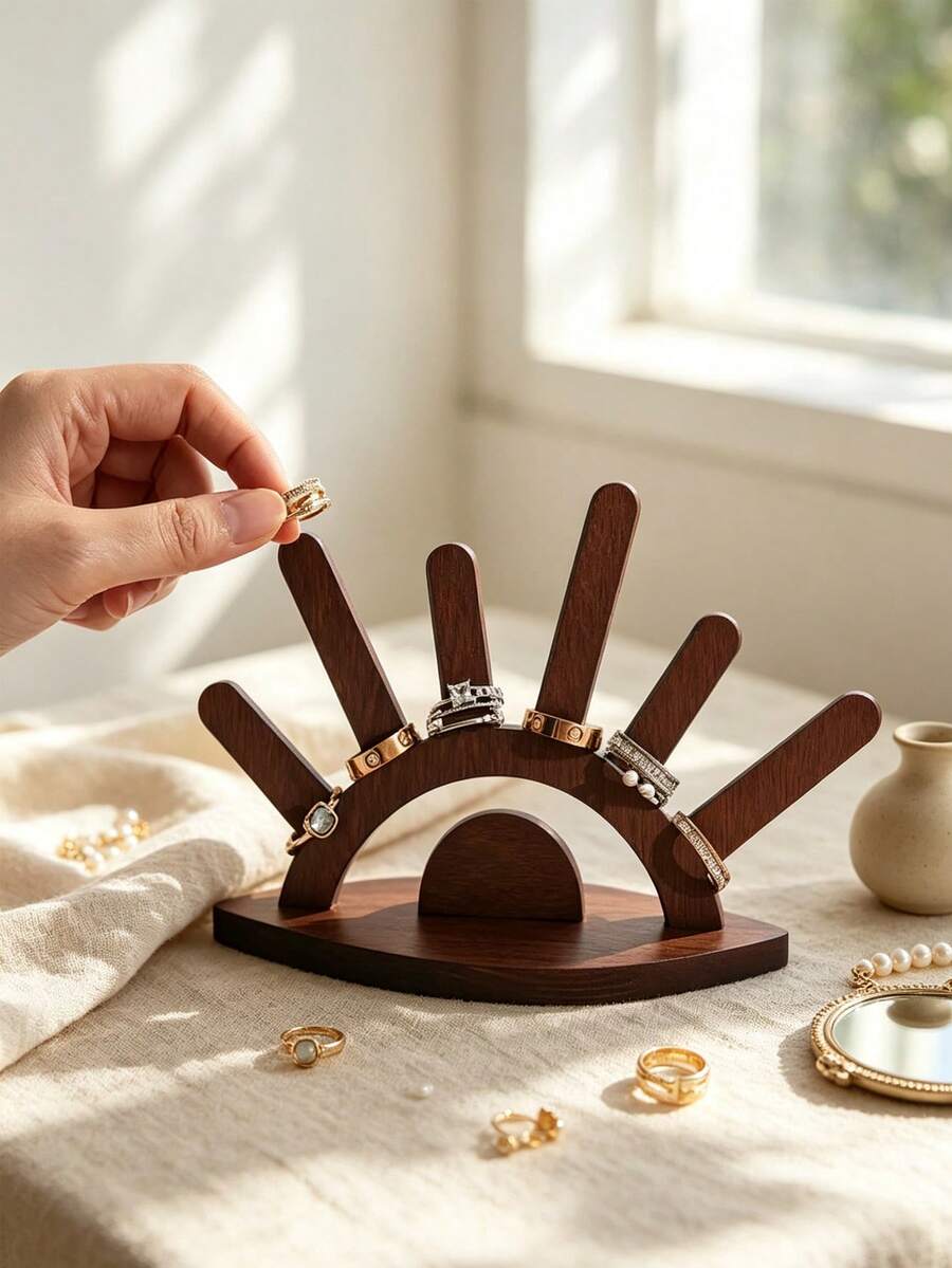 1pc Solid Dark‑Brown Hand‑Shaped Ring Display Stand, Retro Wooden Arc‑Base Hand‑Shaped With Multi‑Slot Prong, Classification Display Storage Jewelry Holder Jewellery Rack, For Dresser Vanity Bedroom Daily Use All‑Season Holiday Gift